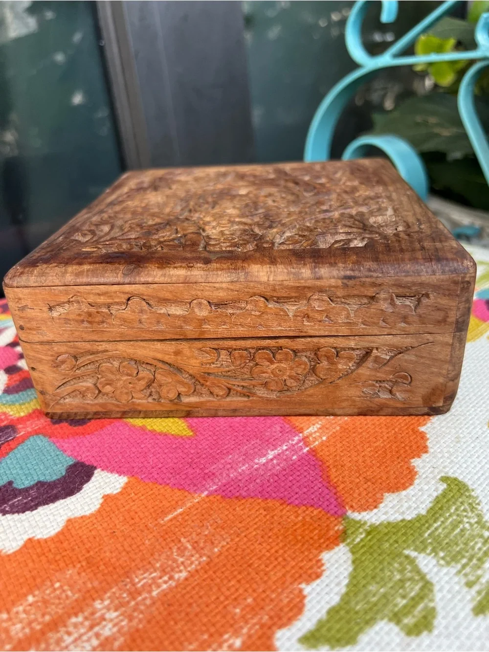 Vintage Archana Crafts India Hand Carved Wooden Trinket Box Floral Sheesham Wood